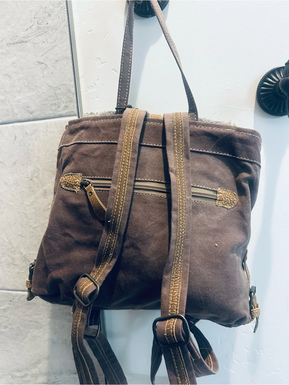 Myra Bag Gray and Cream Textured Flap Backpack